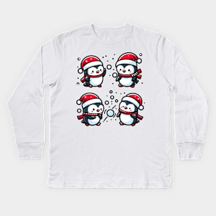 Adorable Cute Penguin Santa Hat Winter Snowball Fight Kids Long Sleeve T-Shirt